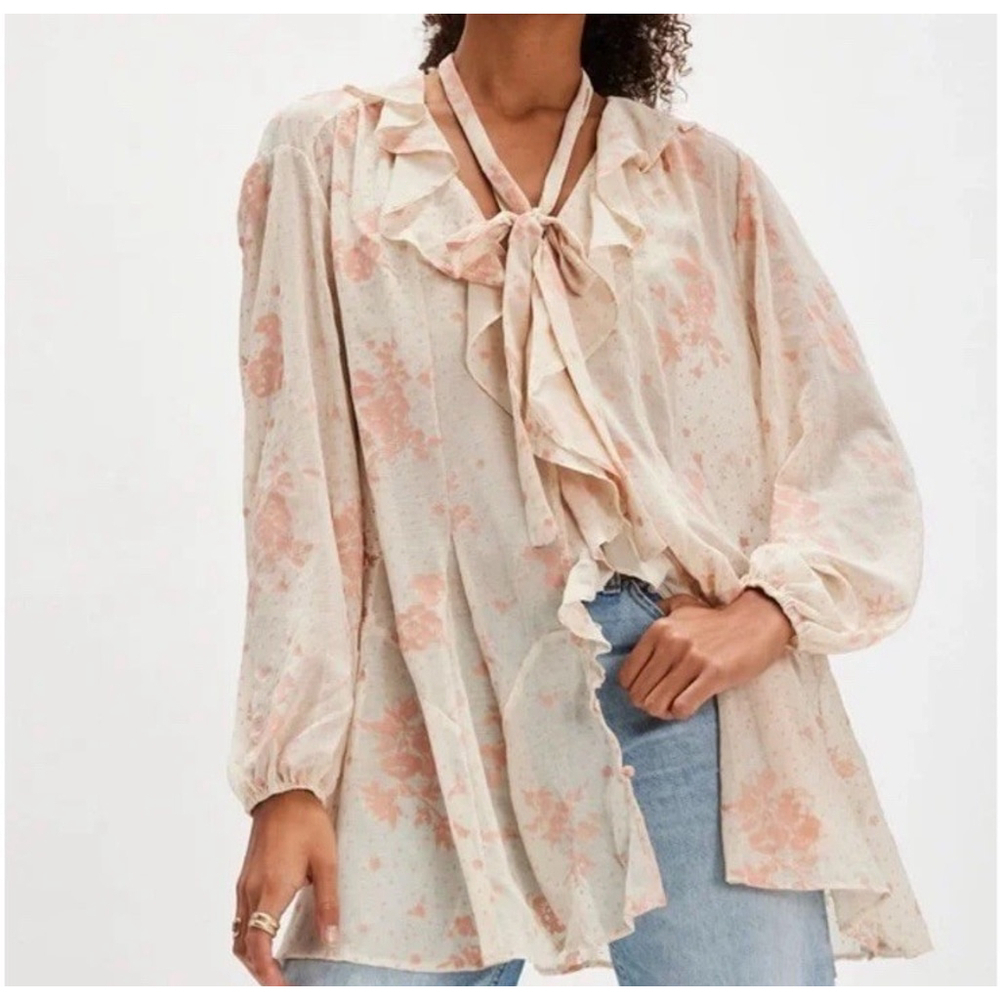 Free People Dreamland Floral Tunic Blouse Top Pink Tea Combo XS Oversized Boho